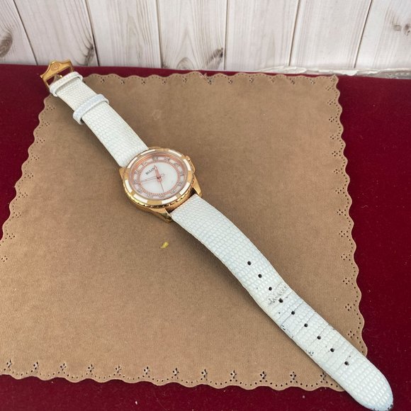 Bulova 2 Tone Rose Gold White Enamel Crystals White Leather Strap - Picture 4 of 7